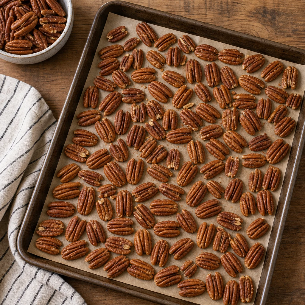 Pecan halves spread in a single layer on a parchment-lined baking sheet for toasting
