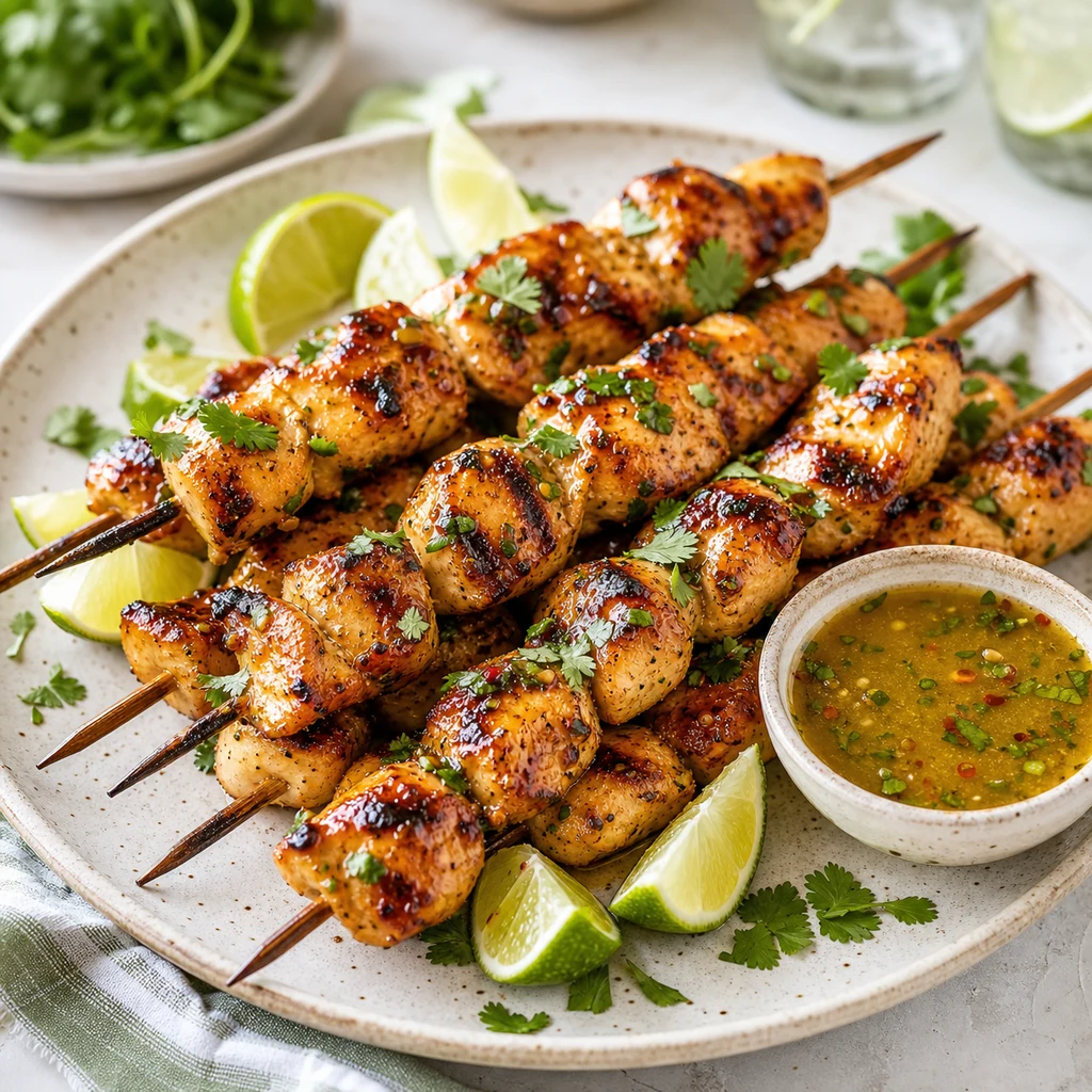 Honey Lime Chicken Skewers Recipe with grilled chicken skewers, lime wedges, cilantro, and honey lime glaze on a platter