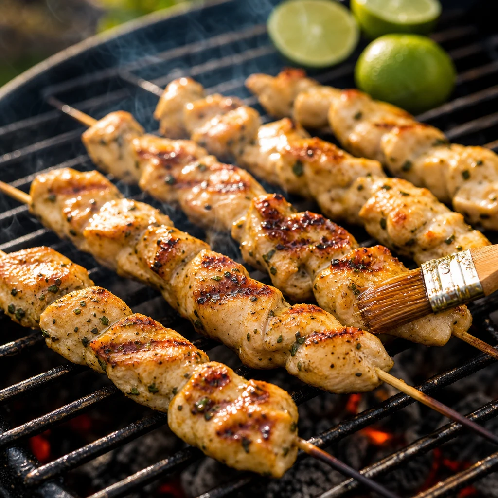 Honey lime chicken skewers cooking on a grill with light char marks and glaze