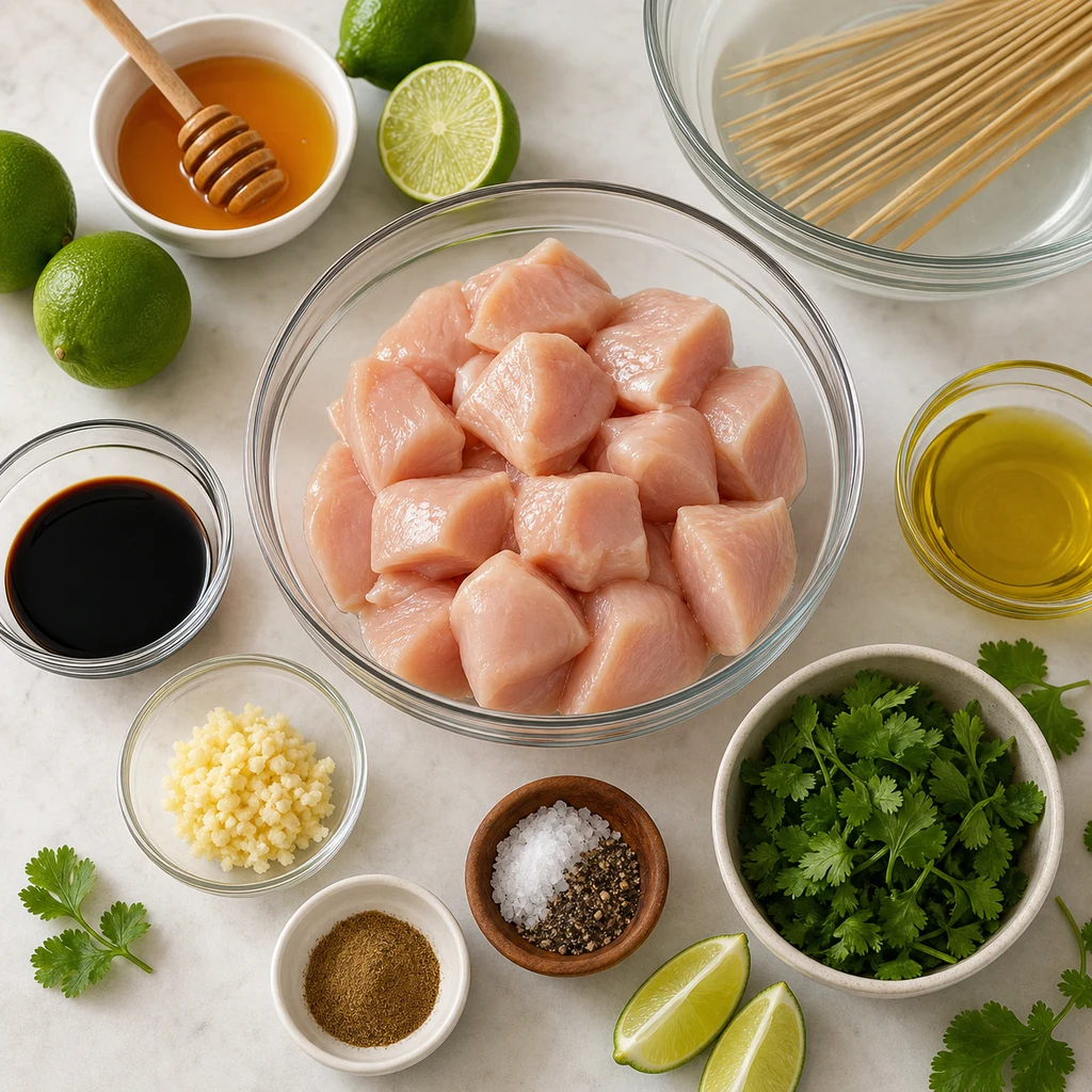 Ingredients for Honey Lime Chicken Skewers Recipe including chicken pieces, honey, limes, soy sauce, olive oil, garlic, cumin, cilantro, and skewers