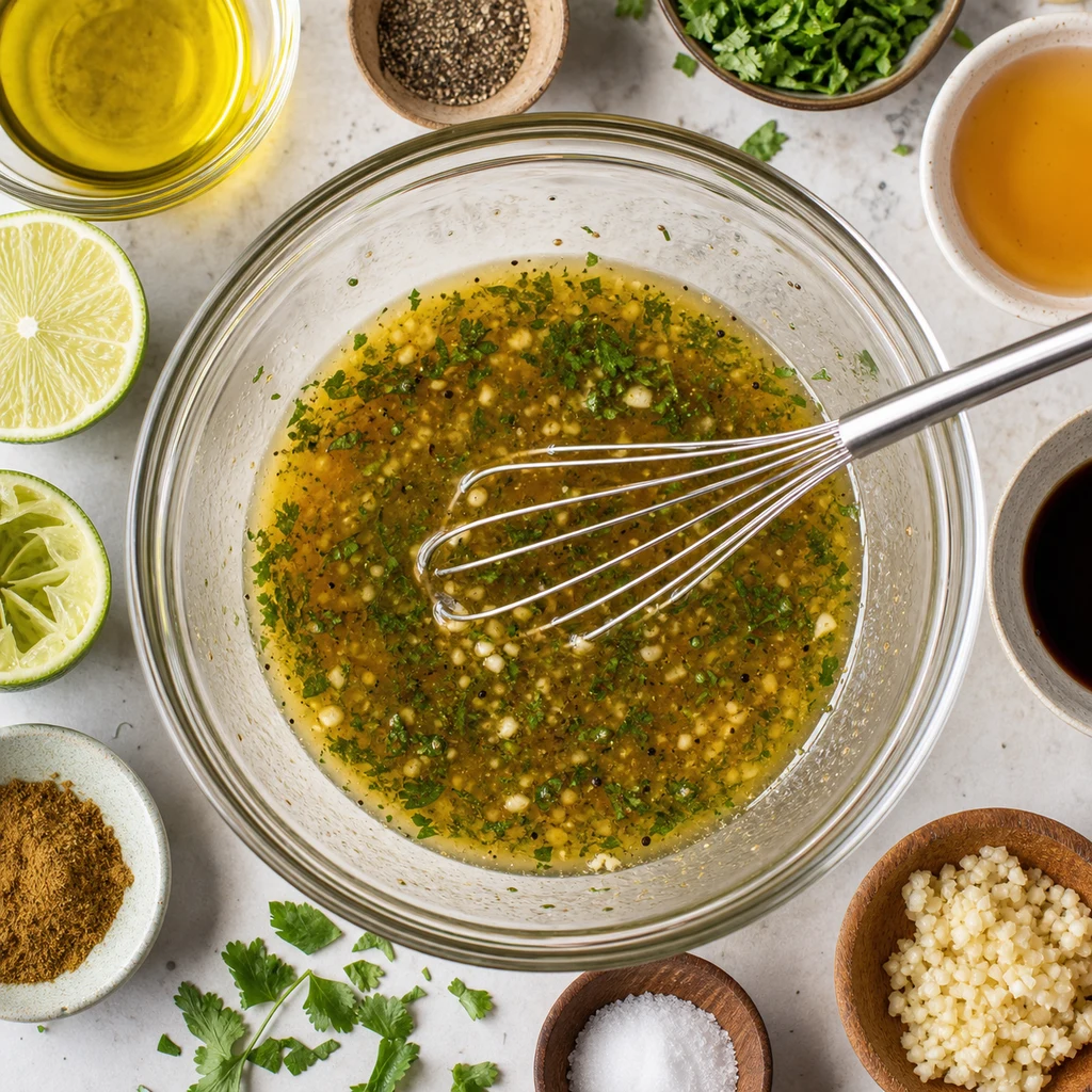 Honey lime marinade whisked in a glass bowl with garlic, lime juice, honey, olive oil, soy sauce, cumin, and cilantro