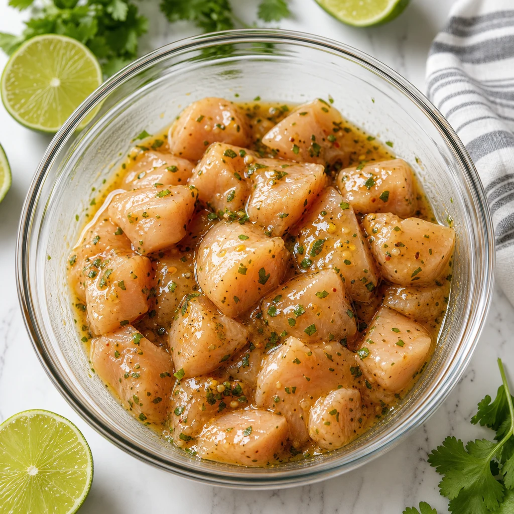Chicken pieces coated in honey lime marinade in a glass bowl before grilling