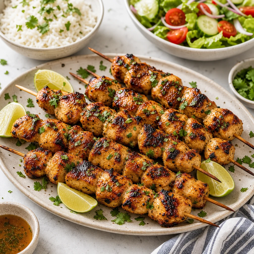 Served honey lime chicken skewers with rice, salad, lime wedges, cilantro, and dipping glaze