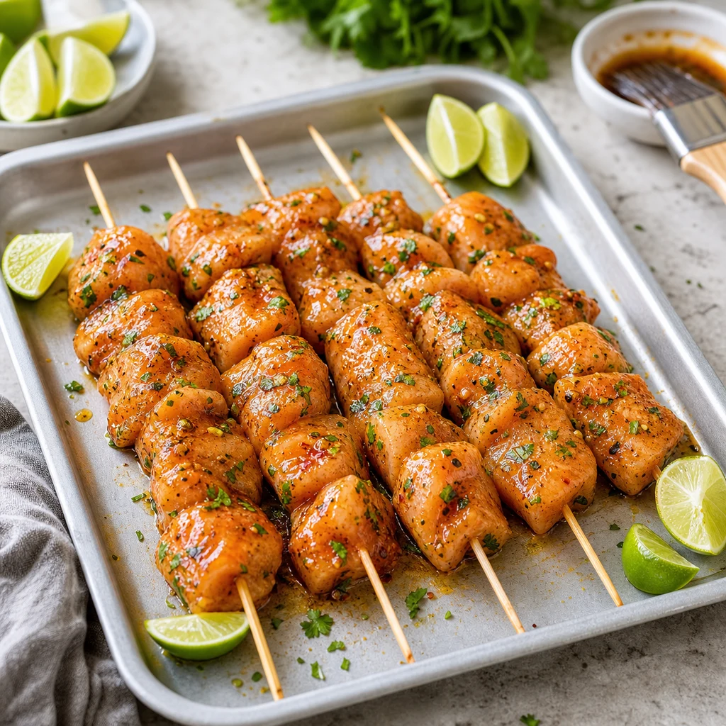 Marinated chicken pieces threaded onto wooden skewers on a tray with lime wedges