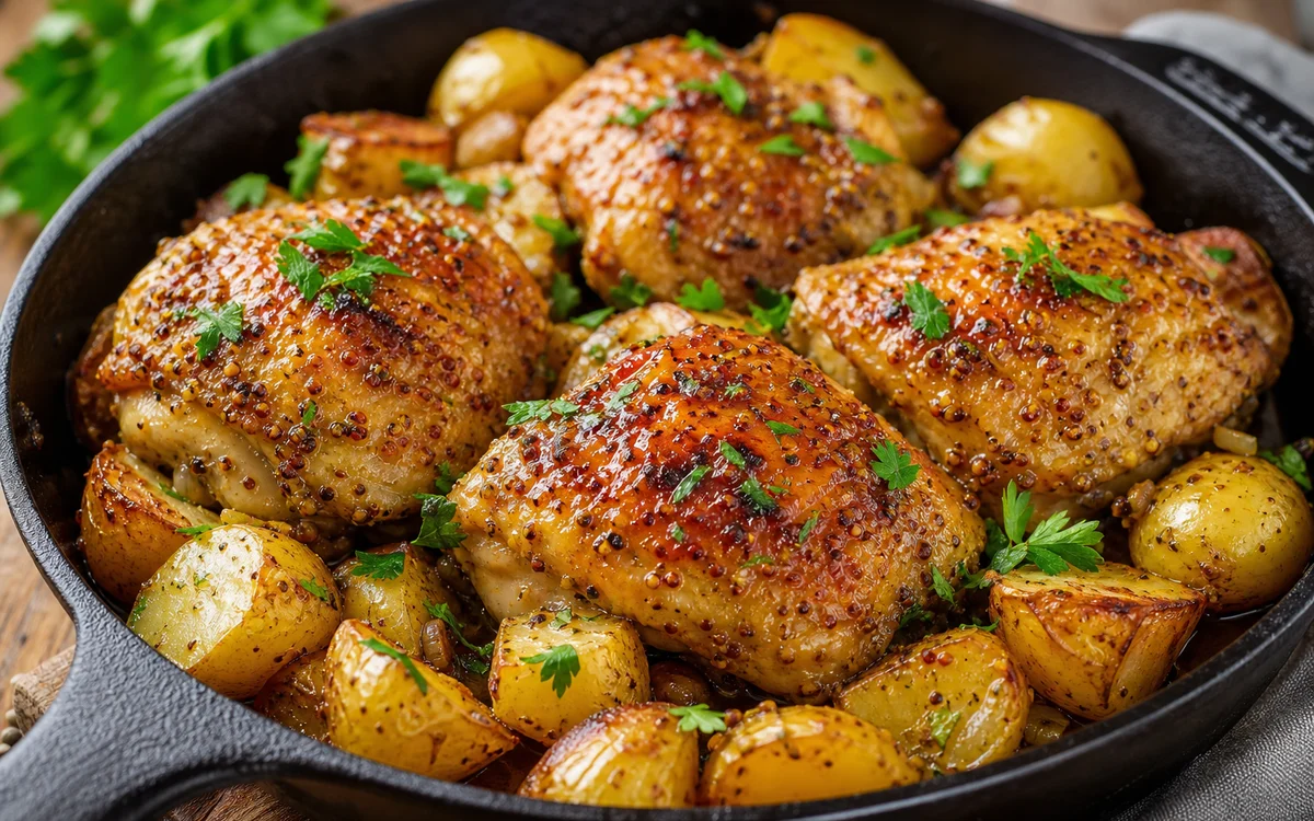 Honey mustard chicken thighs with roasted potatoes in cast iron skillet, easy weeknight dinner