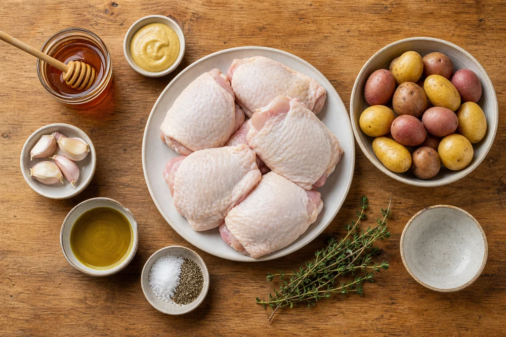 Ingredients for honey mustard chicken thighs including chicken thighs honey Dijon mustard garlic and baby potatoes