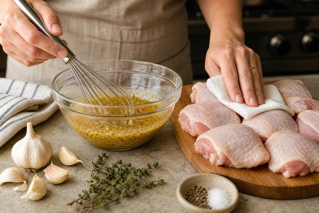 Whisking honey mustard sauce and prepping bone-in chicken thighs for skillet dinner