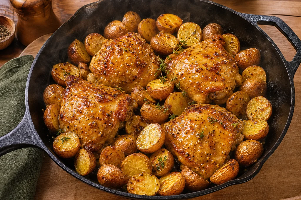 Honey mustard chicken thighs roasting with baby potatoes in oven-safe skillet
