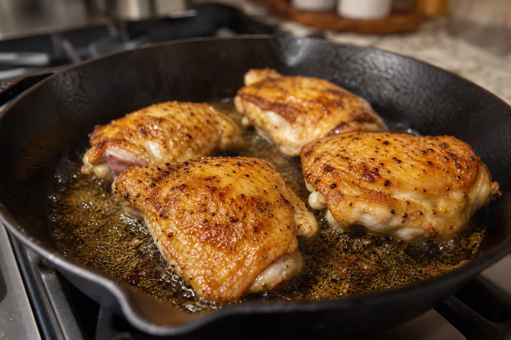 Honey mustard chicken thighs searing skin-side down in cast iron skillet