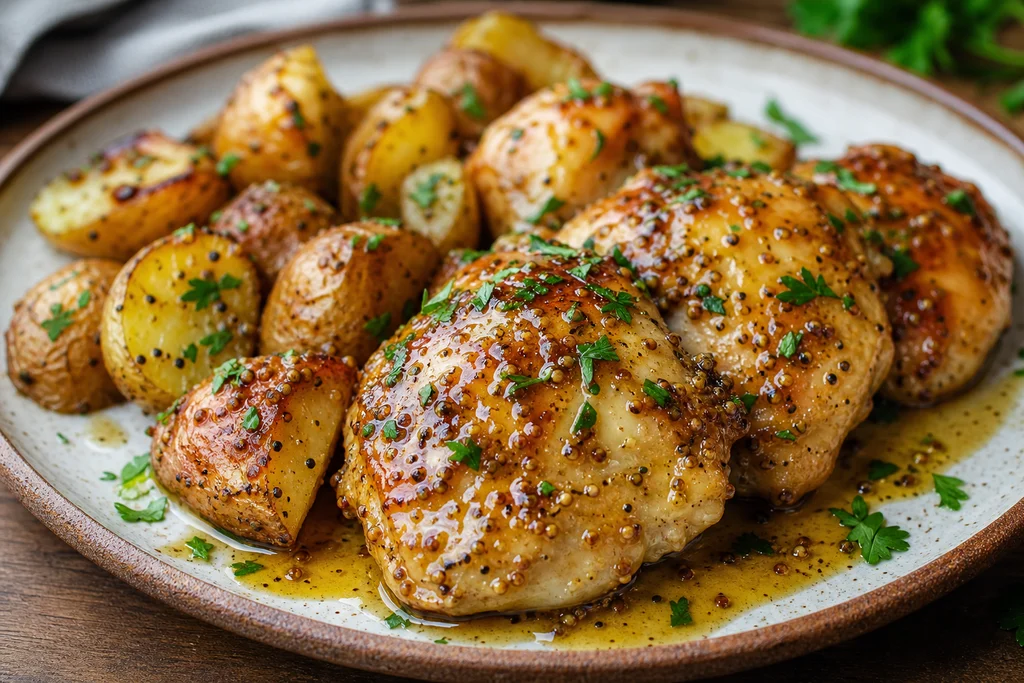 Plated honey mustard chicken thighs with roasted potatoes and parsley garnish