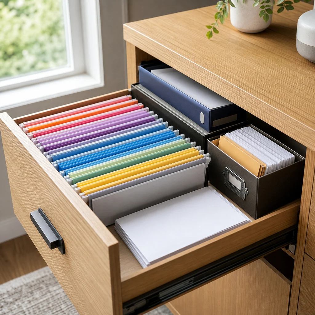 Open file drawer with color-coded folders, binder, document box, and blank papers
