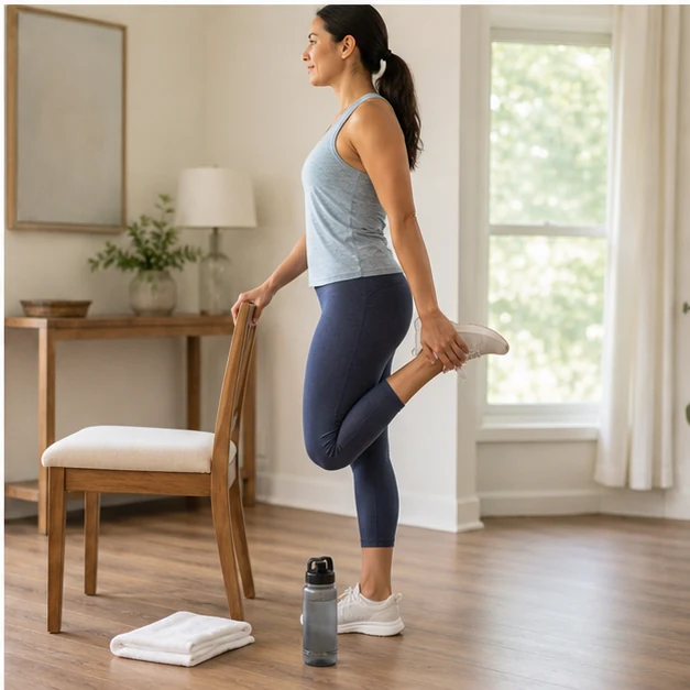 Person doing a gentle standing stretch beside a chair after an indoor walking workout