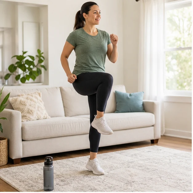 Beginner doing a low impact indoor walking workout in a bright living room