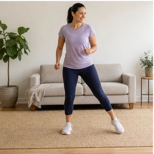 Person doing low impact side steps in a living room workout