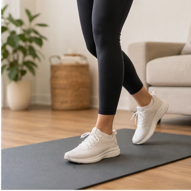 Feet stepping gently in place on a mat during an indoor walking warm up