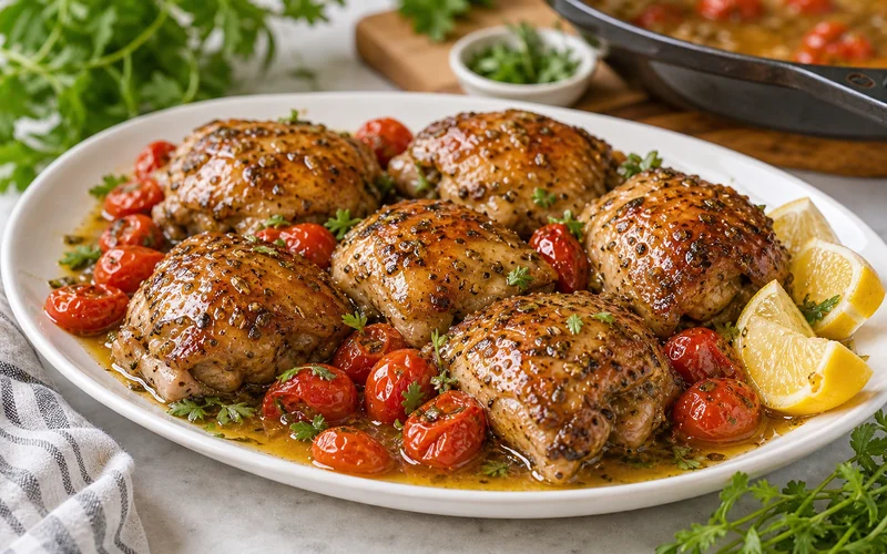 Italian dressing caramelized chicken thighs with cherry tomatoes, lemon wedges, herbs, and glossy pan sauce
