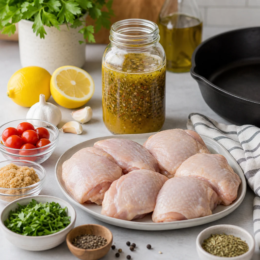 Ingredients for Italian dressing caramelized chicken with chicken thighs, homemade Italian dressing, garlic, lemon, tomatoes, herbs, and skillet