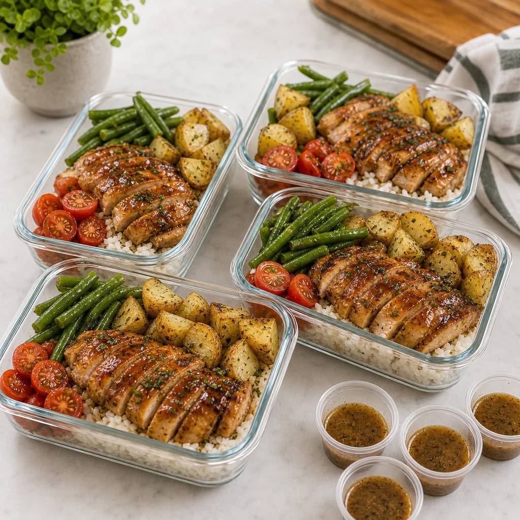 Italian dressing caramelized chicken meal prep containers with rice, green beans, roasted potatoes, tomatoes, and extra sauce