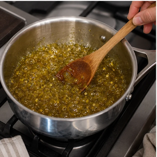 Jalapeno pepper jam bubbling in a small saucepan while being stirred