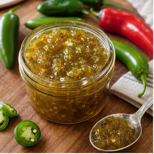 Small jar of glossy jalapeno pepper jam with fresh green and red jalapenos