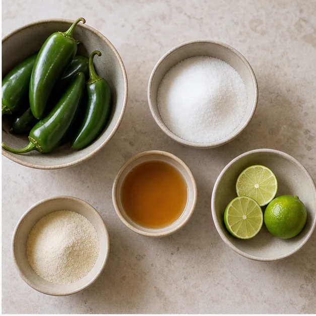 Jalapenos, sugar, apple cider vinegar, lime, and powdered fruit pectin