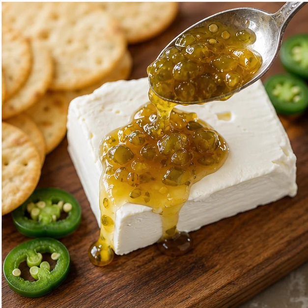 Jalapeno pepper jam spooned over cream cheese with plain crackers