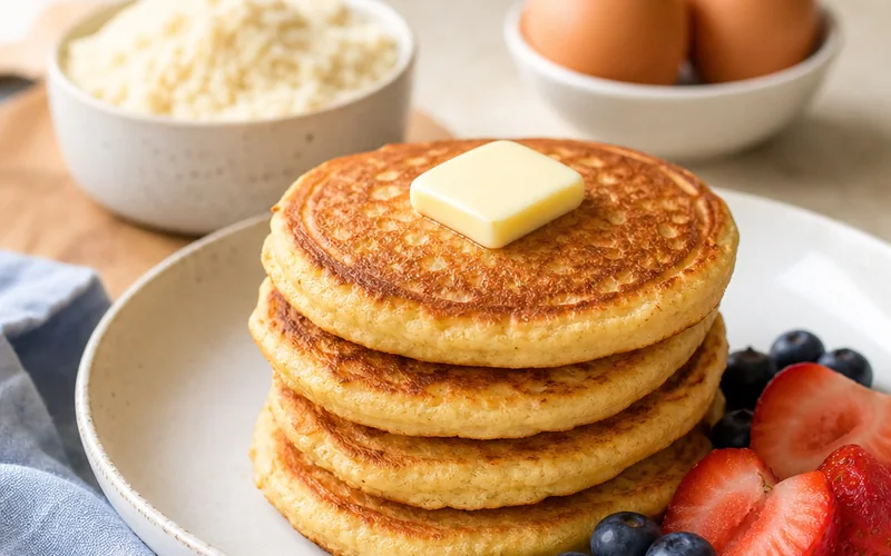 Stack of 4-ingredient keto almond flour pancakes with butter and berries