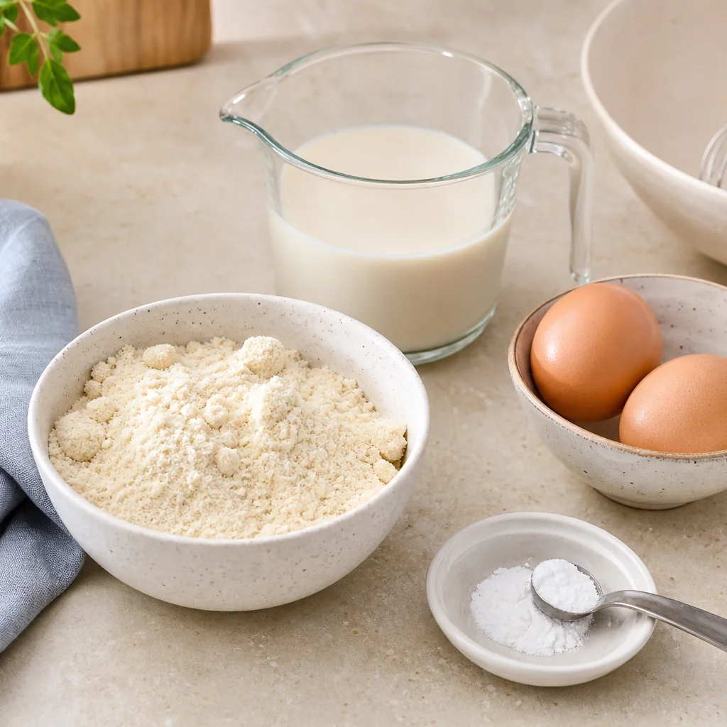 Four ingredients for keto almond flour pancakes: almond flour, eggs, almond milk, and baking powder