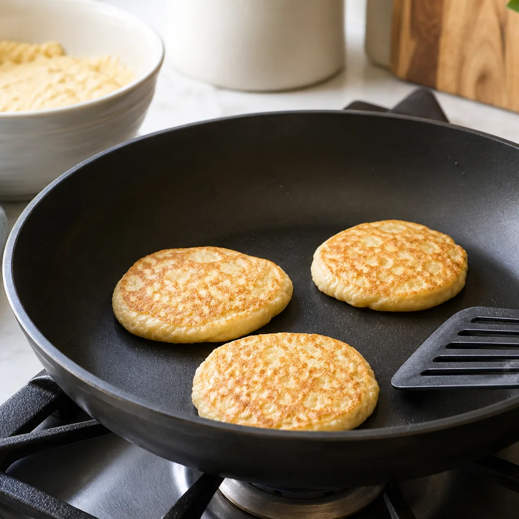 Small keto almond flour pancakes cooking in a nonstick skillet