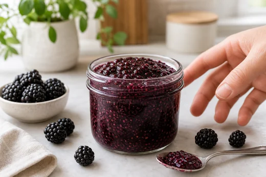 Glass jar of sugar free blackberry jam with fresh blackberries and a spoon on a kitchen counter