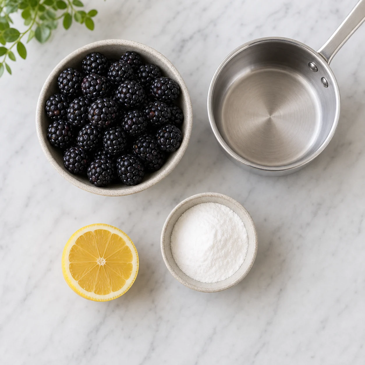 Fresh blackberries, powdered low carb sweetener, lemon, and saucepan for sugar free blackberry jam