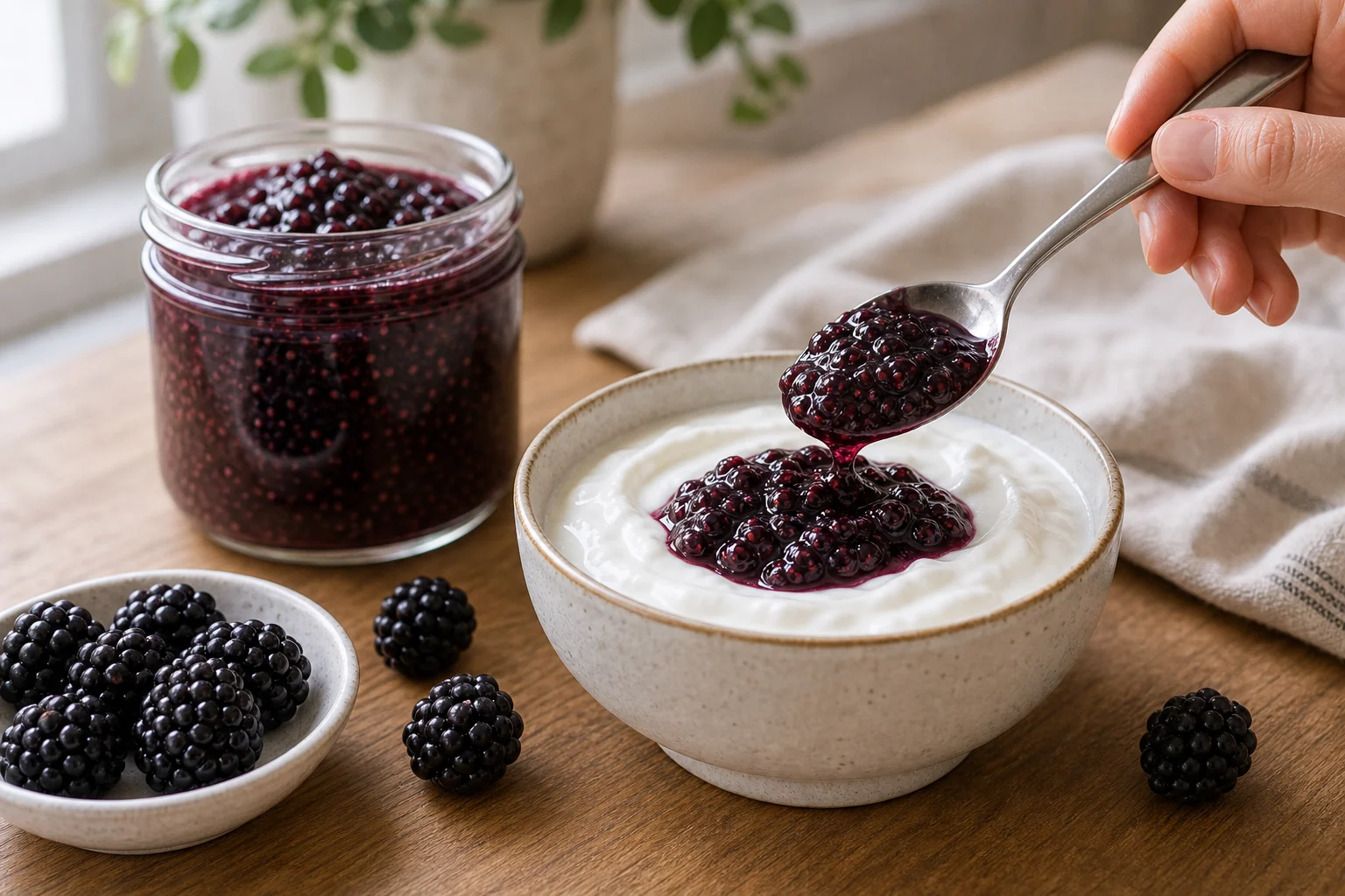 Sugar free blackberry jam spooned over plain Greek yogurt with fresh blackberries nearby