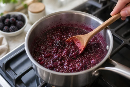 Sugar free blackberry jam simmering in a saucepan while being stirred with a wooden spoon