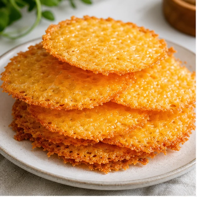 Stack of thin golden keto cheese crisps with lacy edges