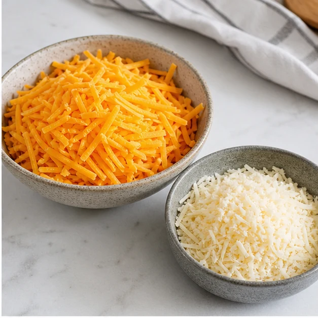 Bowls of shredded cheddar and grated Parmesan for keto cheese crisps