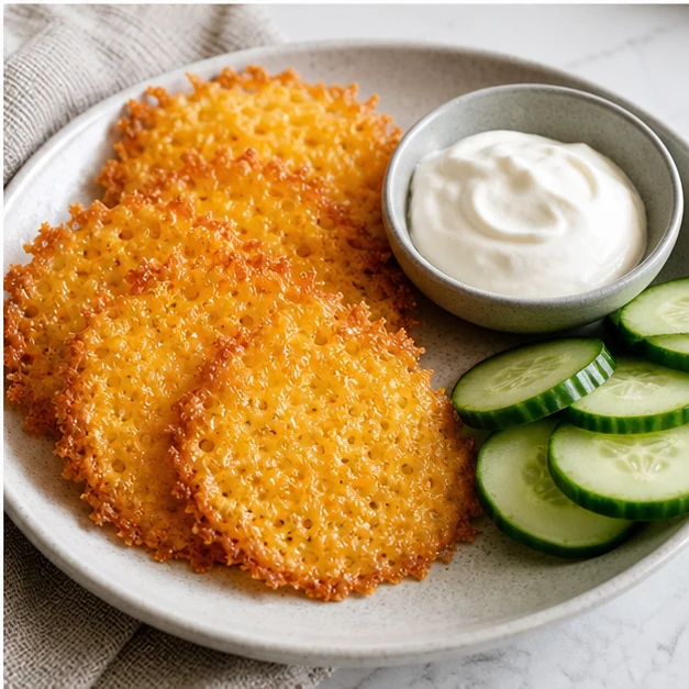 Golden keto cheese crisps served with sour cream and cucumber slices