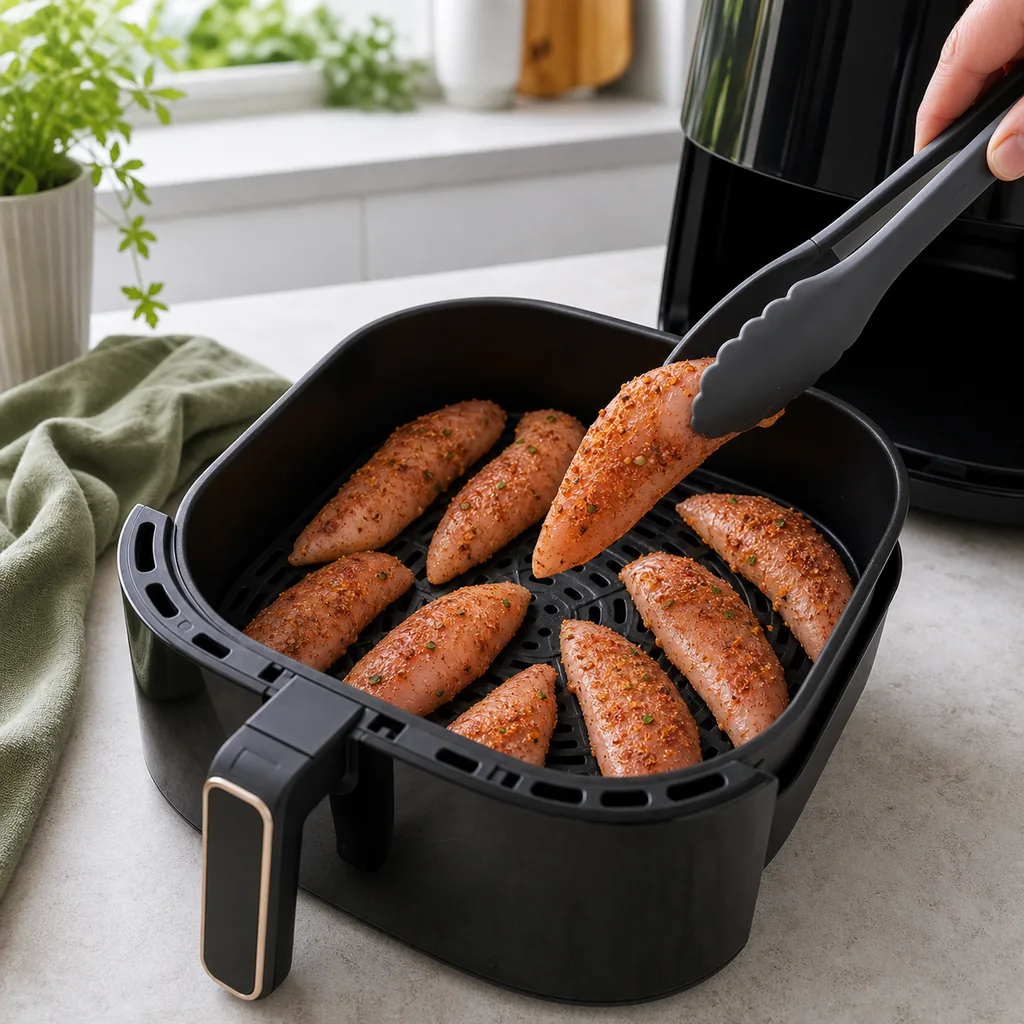 Seasoned unbreaded chicken tenders spaced in an air fryer basket