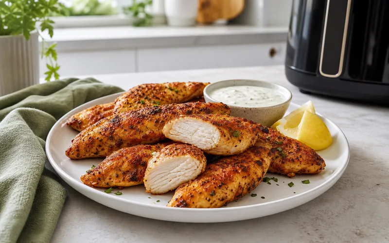 Juicy unbreaded keto chicken tenders cooked in an air fryer