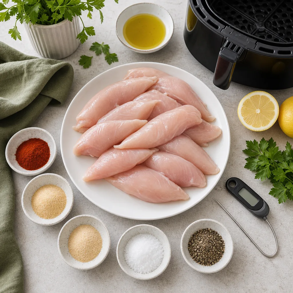 Chicken tenderloins, oil, seasonings, lemon and thermometer for air frying