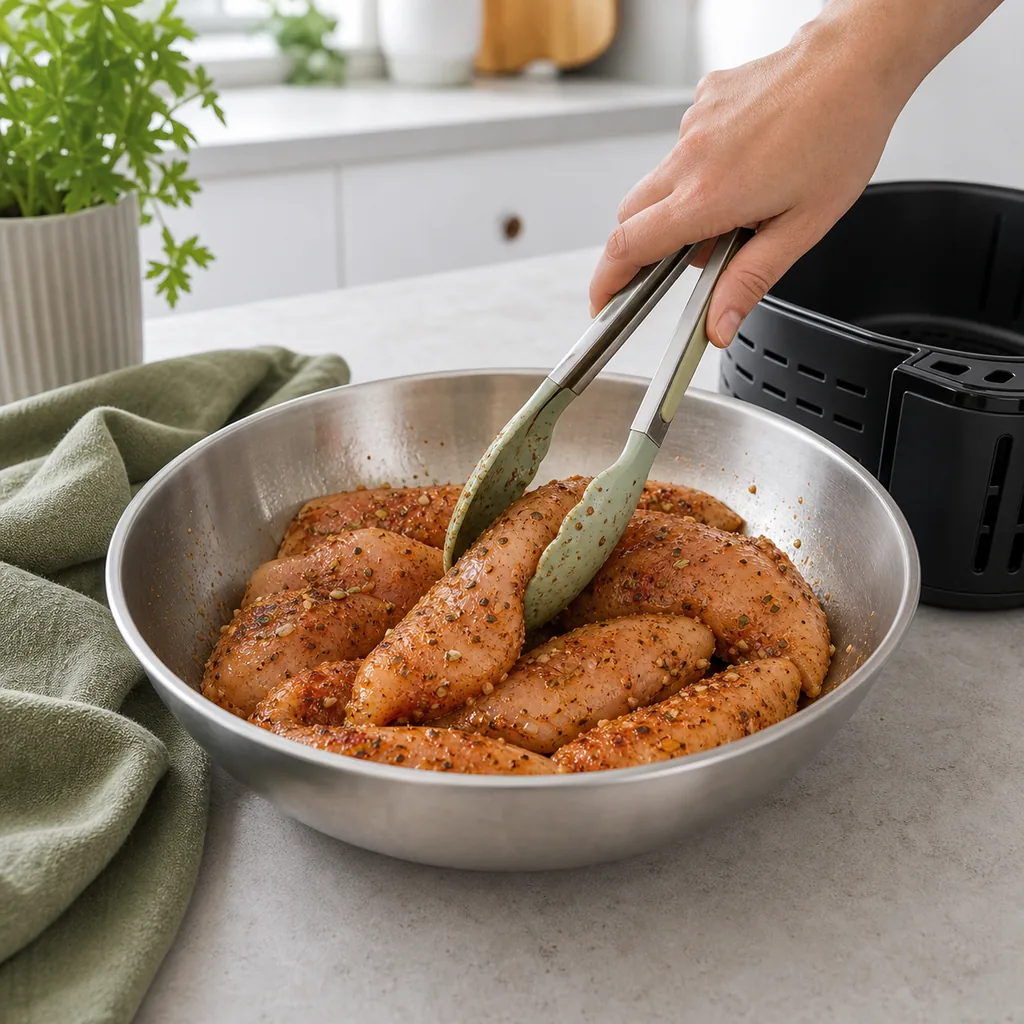 Raw chicken tenderloins being coated evenly with keto seasonings