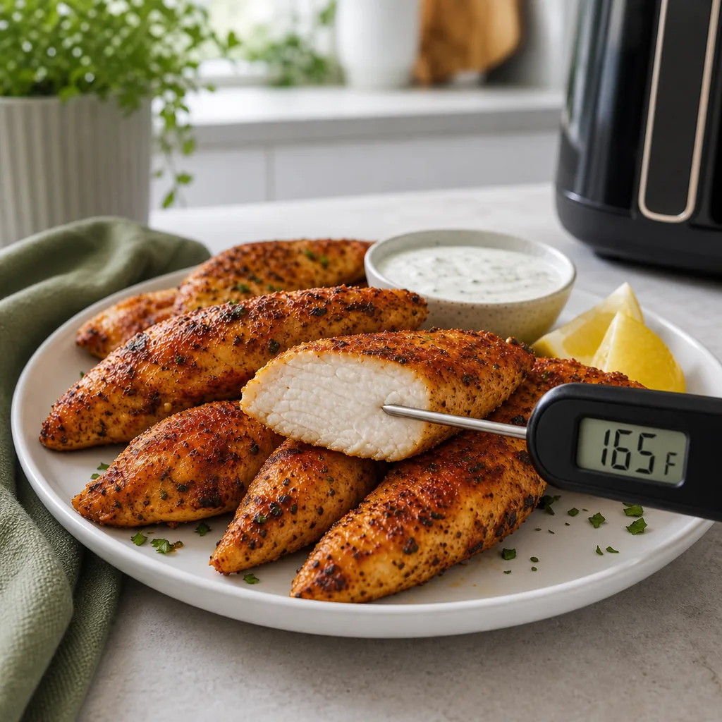 Thermometer confirming air fryer chicken tenders reached 165 degrees F