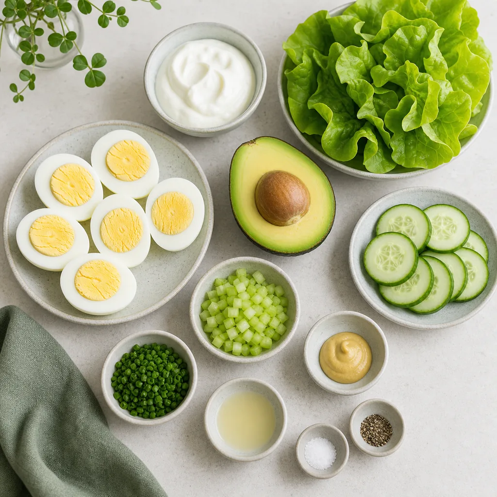 Hard-boiled eggs, avocado, Greek yogurt, celery and seasonings for keto egg salad