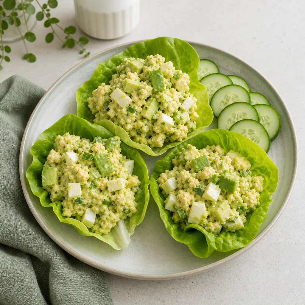Keto egg salad served in three crisp butter lettuce cups