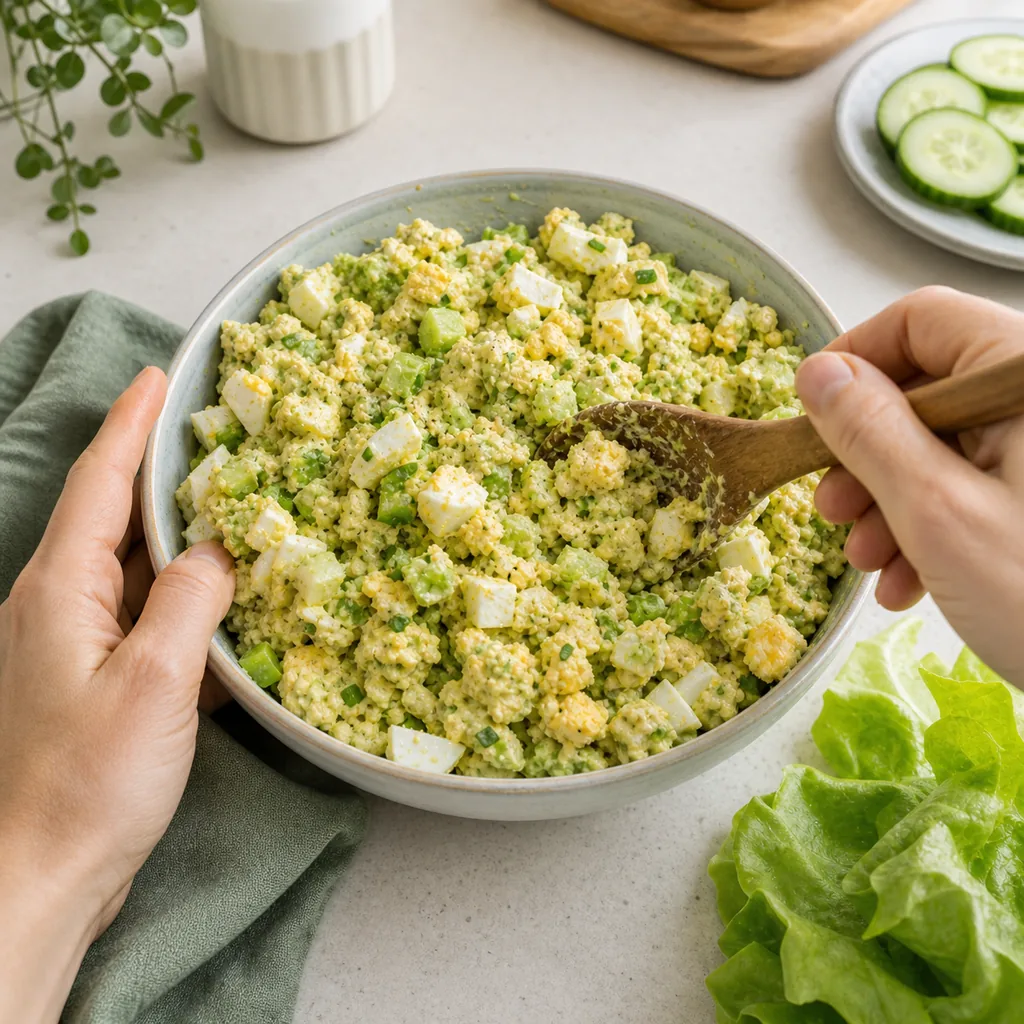 Keto egg salad without mayonnaise being mixed in a ceramic bowl