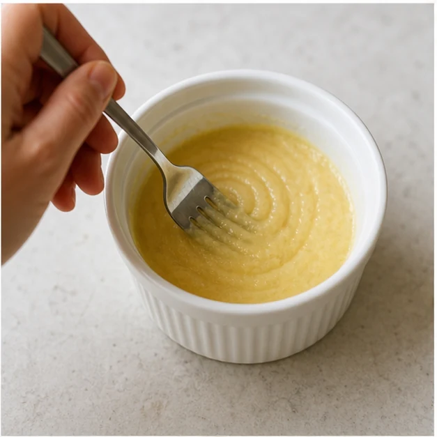 Smooth almond-flour microwave bread batter being whisked in a ramekin