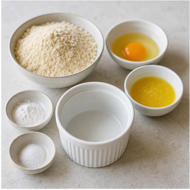 Almond flour, egg, melted butter, baking powder, salt and a ceramic ramekin