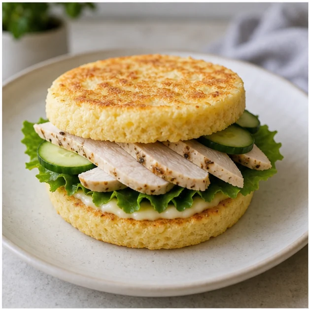 Toasted keto microwave bread sandwich with sliced chicken, lettuce and cucumber