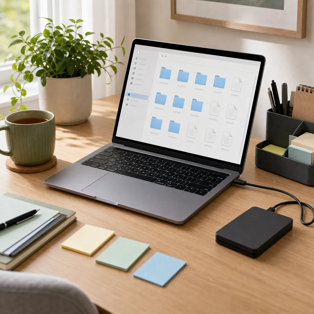 Laptop with simple folder icons, external drive, notes, mug, and plant on a clean desk
