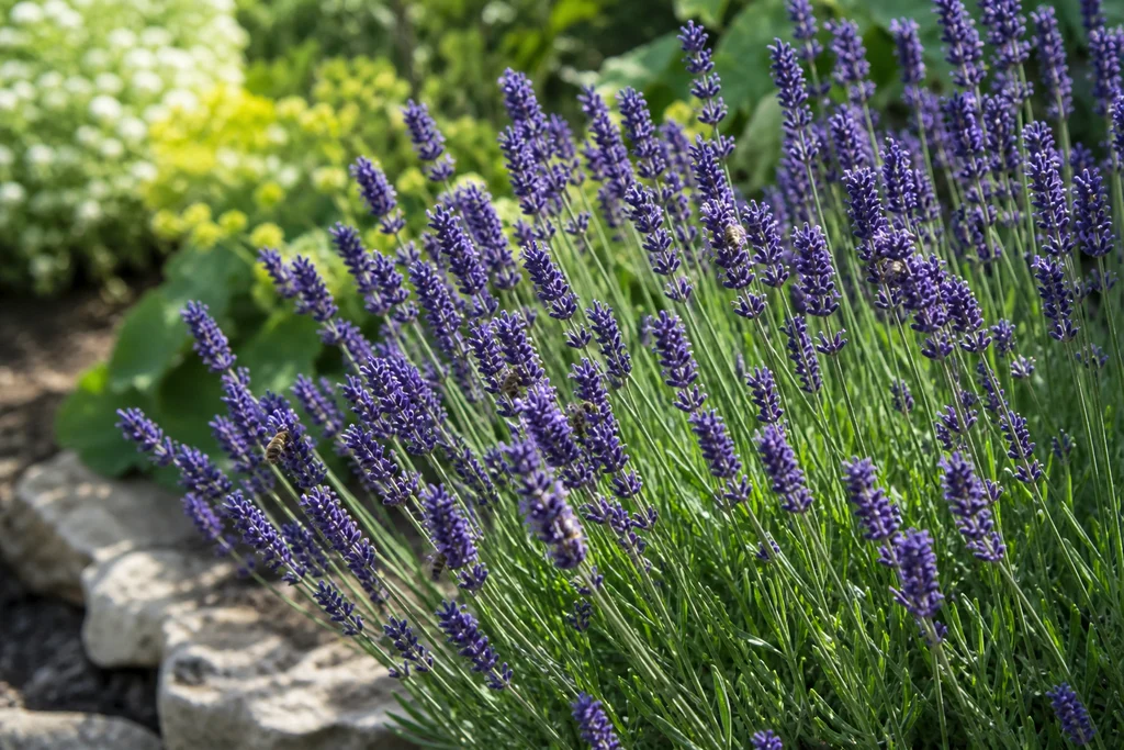 Blooming lavender with purple flower spikes in a sunny herb garden