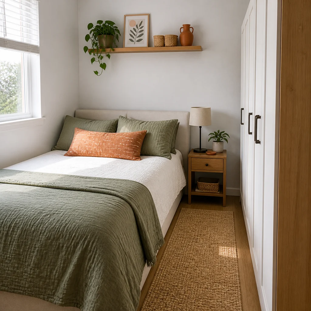 Queen bed placed in a corner of a small bedroom with one open walking path
